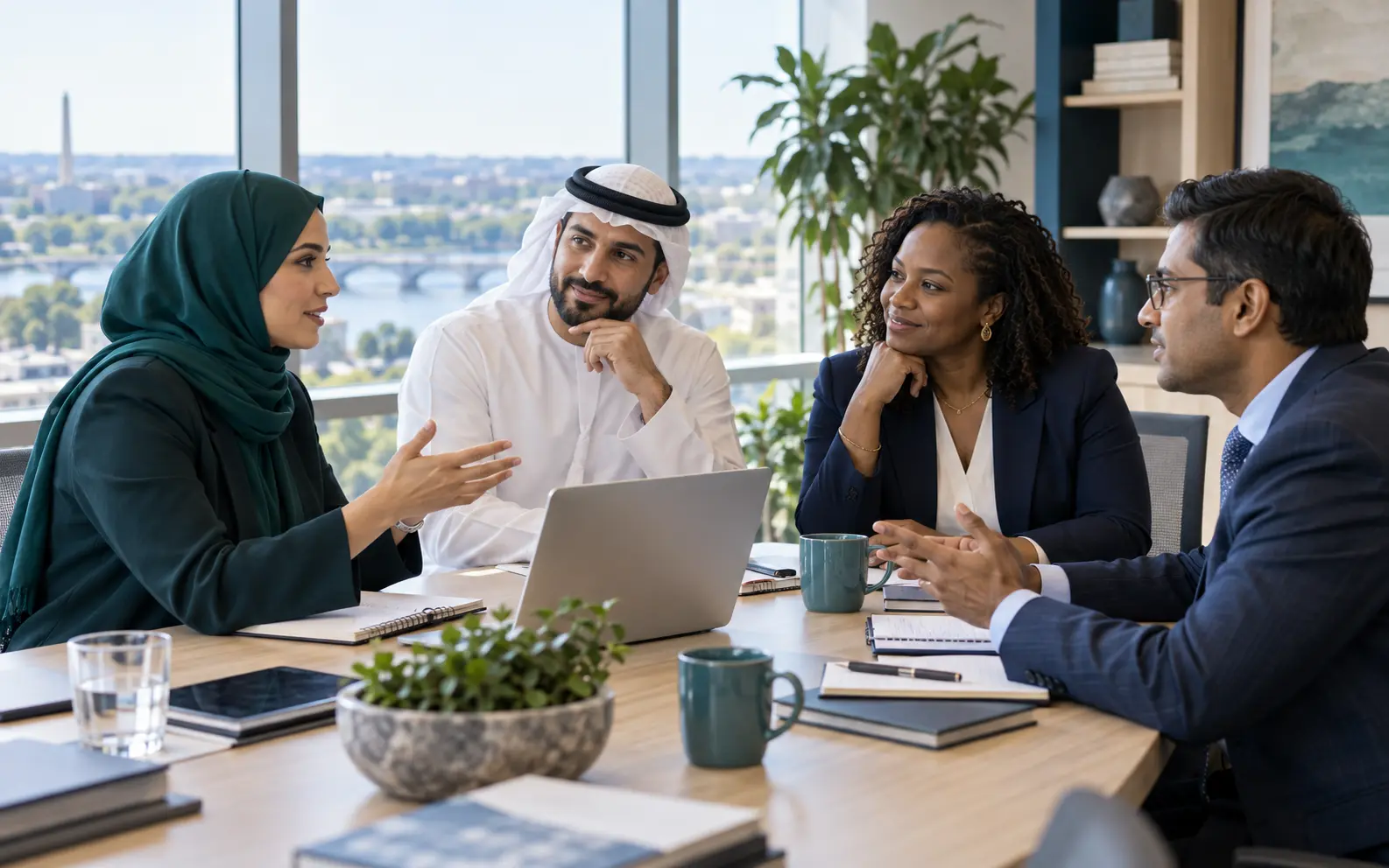 A diverse international advisory team in a strategy meeting