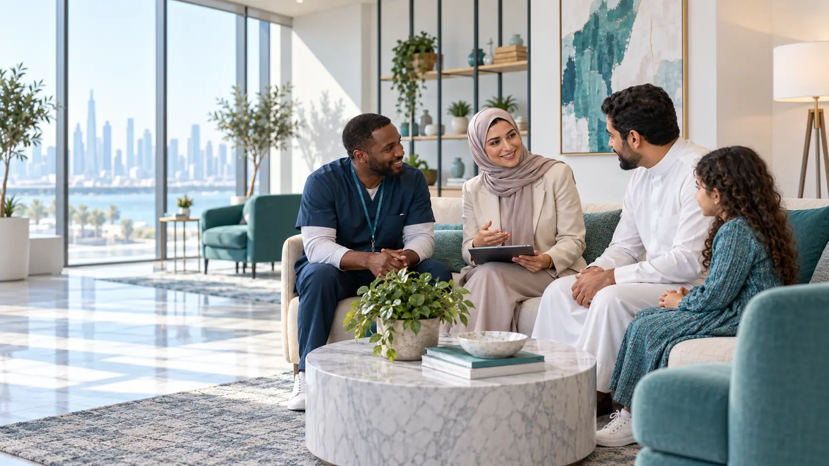 International healthcare professionals meeting with a family in a modern office